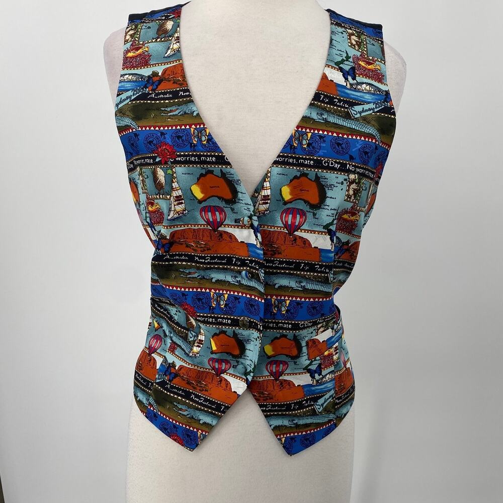 Vintage 90s Nicole Miller Silk Vest Australia Pattern Black Blue Red NEW Large - Picture 8 of 12